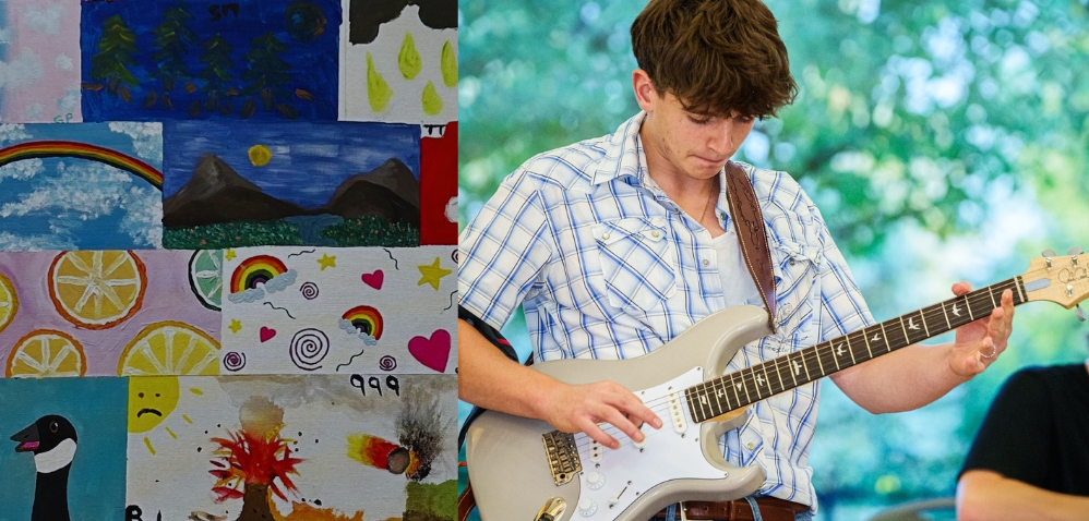 Left, a collection of paintings. Right, a teenage boy playing electric guitar.